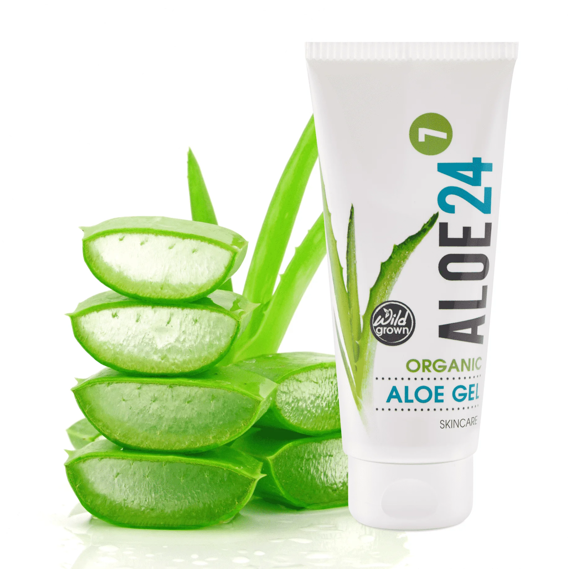 Pureday Et produktrør mærket "organisk aloe gel" står ved siden af snittede aloe vera-blade mod en hvid baggrund, hvilket understreger naturlig hudpleje for ren hverdagsvelvære. Pureday Et produktrør mærket "organisk aloe gel" står ved siden af snittede aloe vera-blade mod en hvid baggrund, hvilket understreger naturlig hudpleje for ren hverdagsvelvære.