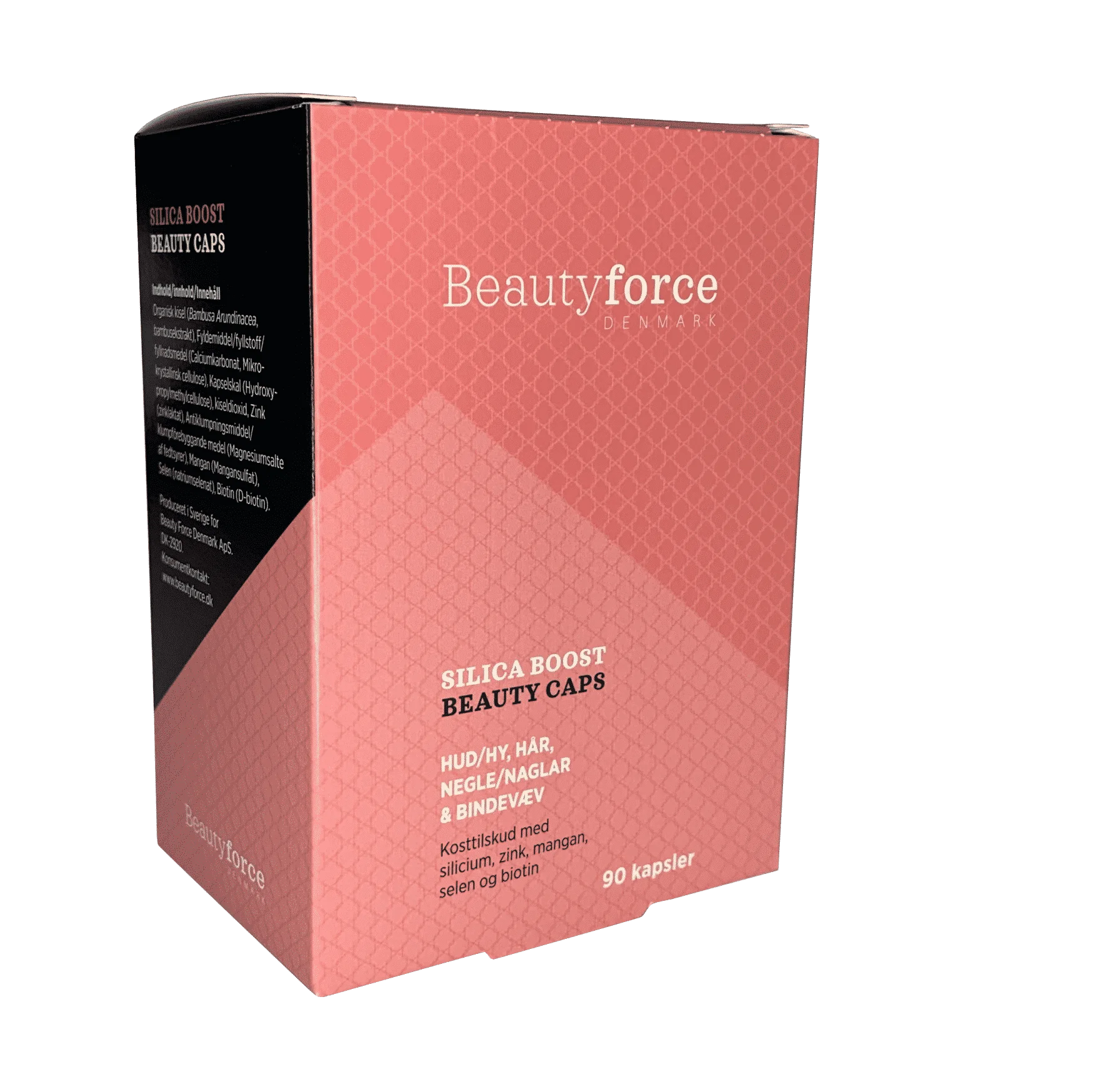 Pureday En lyserød æske med Beauty Force - Silica Beauty Boost Kapsler 90stk, der fremhæver ingredienser til hår, negle og hudsundhed, vist i en vinklet visning, der viser flere sider. Fremmer velvære og overordnet