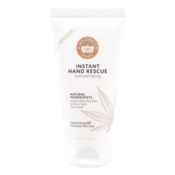 Pureday Et rør med Instant Hand Rescue, med naturlige ingredienser som solsikkeekstrakt og dansk hamppleje på en hvid baggrund.
