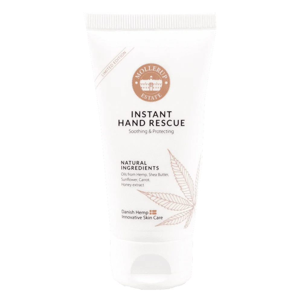 Pureday Et rør med Instant Hand Rescue, med naturlige ingredienser som solsikkeekstrakt og dansk hamppleje på en hvid baggrund.