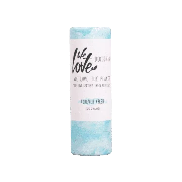Pureday En cylindrisk beholder med Økologisk deodorant mærket "forever fresh" med et minimalistisk blåt og hvidt design, der fremhæver dens økologiske engagement.