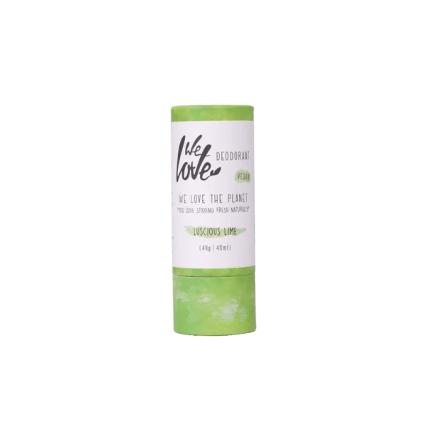 Pureday En roll-up stick af Økologisk deodorantstift - Lucious Lime - Vegansk 48g med limedesign på etiketten, isoleret mod sort baggrund.