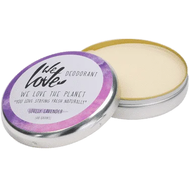 Pureday En rund dåse "Økologisk deodorant creme - Dejlig lavendel" med åbent låg, der viser produktet indeni. Mærket nævner "dejlig lavendel"-duft og fremhæver dens økologiske fordele.