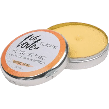 Pureday En rund metaldåse med Økologiske deodorantcreme - Original Orange mærket "we love the planet" med låget af, der viser den gullige deodorantcreme indeni.
